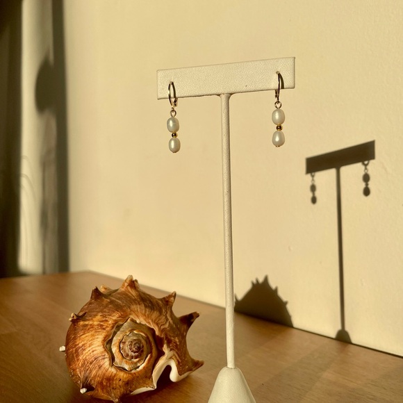 Stainless Steel Gold and White Pearl Drop Earrings - Picture 2 of 2